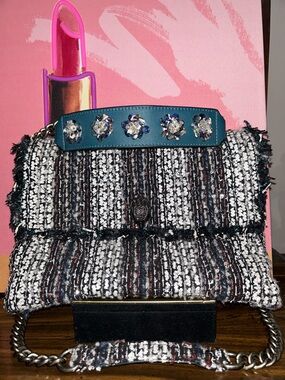 Kurt Geiger Black & White Tweed Shoulder Bag with Teal Jeweled Strap